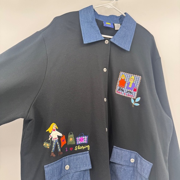 Sport Elle Top Women 3X NEW Black Button Up Embroidered Long Sleeve Lets Shop - Picture 3 of 12